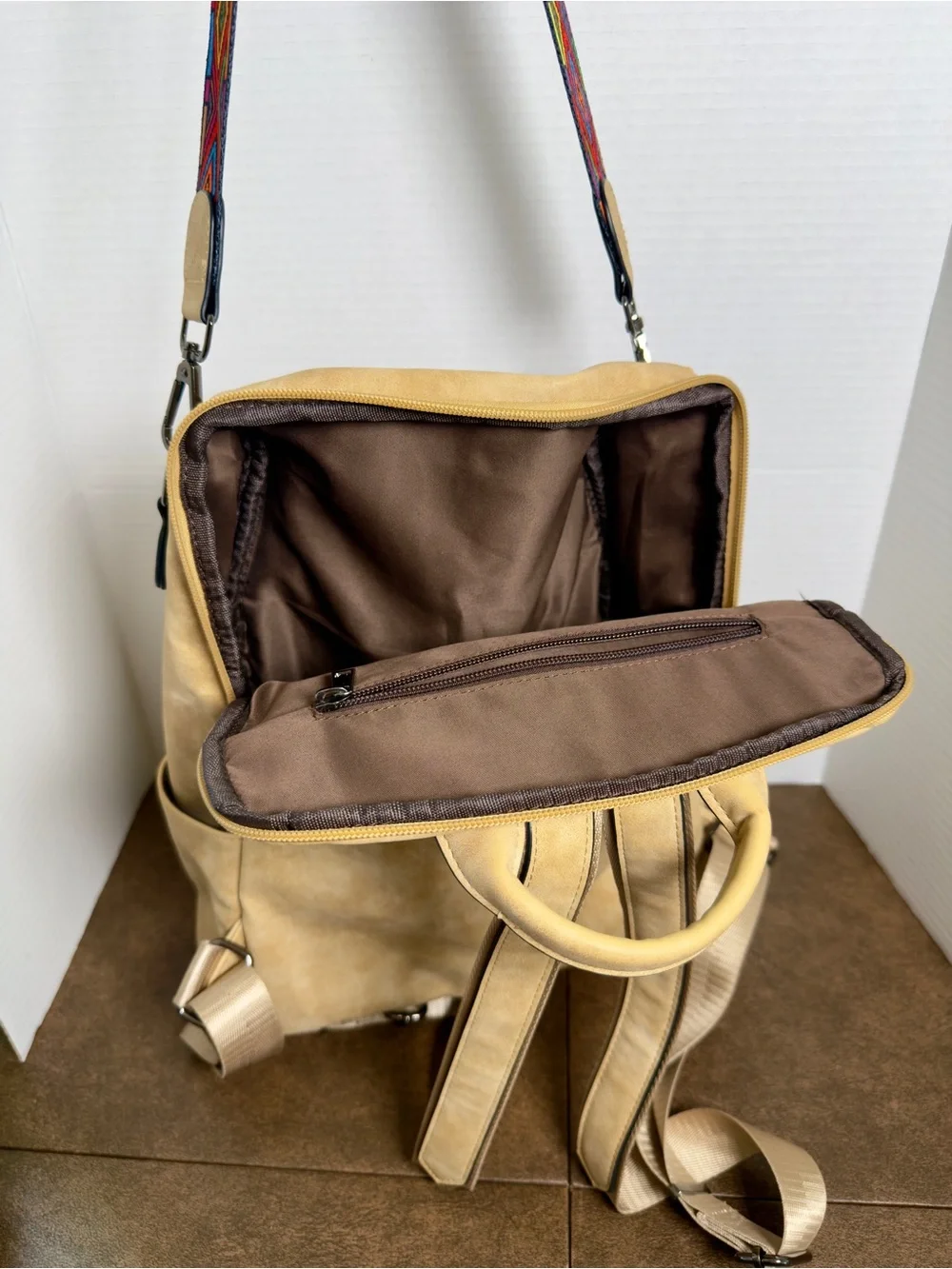 Fadeon Convertible Beige Faux Leather Backpack Colorful Embroidered Strap Sz M